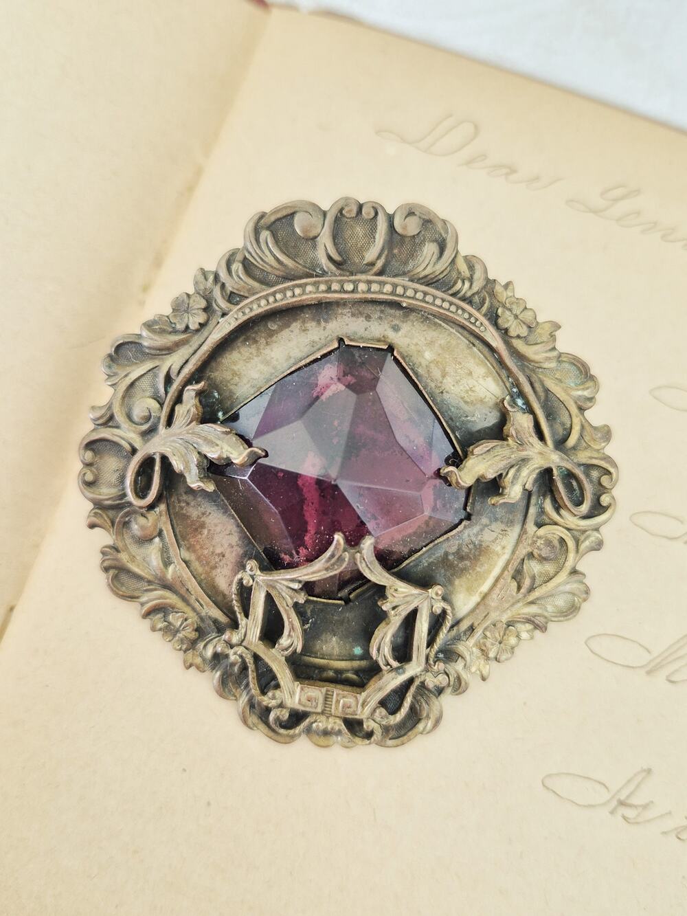 Antique Vintage Purple Stone Brass Sash Dress C-Clasp Pin